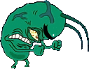 a cartoon drawing of a green bug with a huge mouth and teeth .