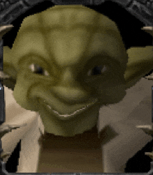 a pixelated image of a goblin smiling with a black background