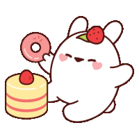 a cartoon bunny with a strawberry on its head holds a donut and a cake