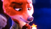 a close up of a cartoon fox holding a candle in his mouth