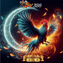 a poster for museum bola with a rooster and a crescent moon in the background