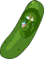 a pickle with a man 's face inside of it on a white background