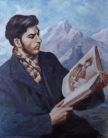 a painting of a man reading a book in front of a mountain