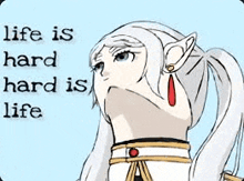 a drawing of a girl with a ponytail and a quote that says `` life is hard hard is life '' .