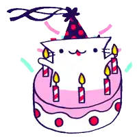 a cat wearing a party hat is on a birthday cake with candles
