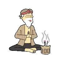 a cartoon of a man with a beard sitting on the floor with a cup of incense .
