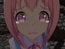 a girl with pink hair and purple eyes is crying with tears coming out of her eyes