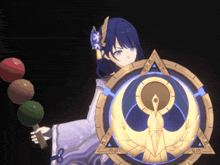 a video game character holding a shield with a bird in the middle