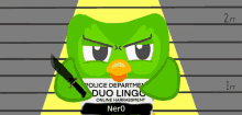 a cartoon of a duolingo holding a knife in a police department mug shot