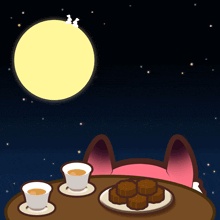 two cups of tea and a plate of cookies are on a table under a full moon