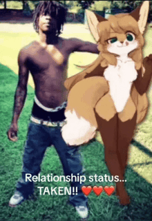 a shirtless man standing next to a furry girl .
