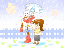 a cartoon drawing of a girl and a skeleton holding an umbrella