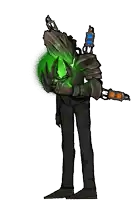 a cartoon of a man holding a green object with a lantern on his back