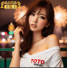 a woman wearing a toto macau shirt stands in front of a museum bola sign