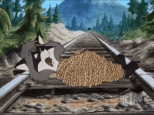 a cartoon of a raccoon tied to a pile of rope on train tracks