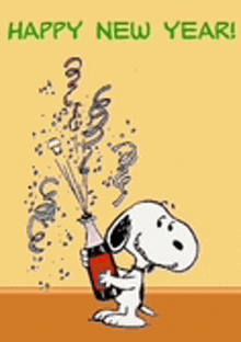 snoopy is holding a bottle of champagne on a happy new year card .