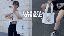 a woman is holding a tote bag that says wrrdds tote bag