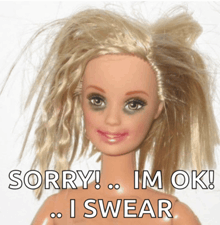 a barbie doll with a black eye says sorry i swear