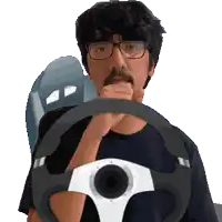 a man with glasses and a mustache is holding a steering wheel in his hand