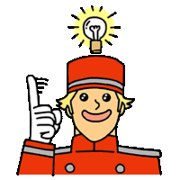 a cartoon of a man in a red uniform with a light bulb above his head .