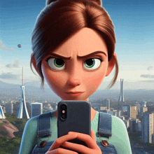 a cartoon girl is looking at her phone with an angry expression on her face