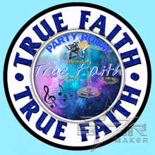 a logo for true faith party room with music notes