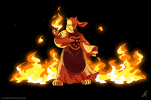 a drawing of a goat holding a torch in front of a fire with a black background