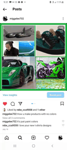 a phone screen shows a collage of photos including a car and a motorcycle