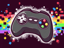 a cartoon illustration of a video game controller on a rainbow background