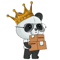 a panda bear wearing a crown and sunglasses is holding a box of donations