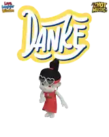 a cartoon character is standing in front of a yellow sign that says danke