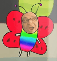 a drawing of a man in a butterfly costume with a rainbow colored body .