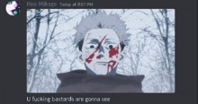 a picture of a man with blood on his face and the words reo mikage today at 8:57 pm