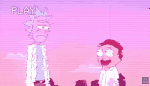 rick and morty are standing next to each other and the words play are visible