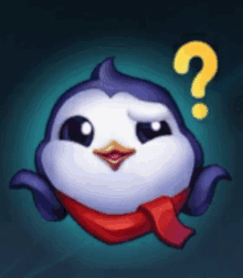 a penguin with a scarf around its neck and a question mark above its head .