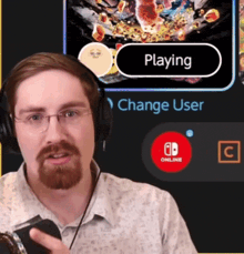 a man wearing glasses and headphones is playing a game on the nintendo switch