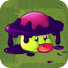 a cartoon character with a purple hat on is sitting on the ground .