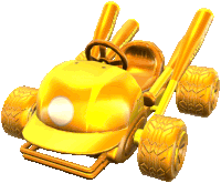 a yellow kart with mariokart on the side