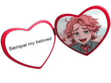 a heart shaped mirror with a picture of a boy and the words sempai my beloved on it