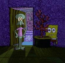 a cartoon of squidward and spongebob standing in a doorway