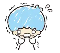 a cartoon drawing of a boy with blue hair covering his mouth with his hands