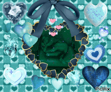 a picture of a green heart surrounded by blue and white hearts with the words picmix at the bottom
