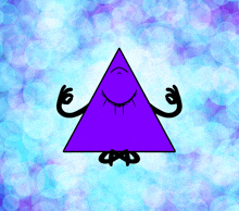 a cartoon drawing of a purple triangle with arms and legs on a blue background