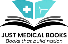 a logo for just medical books shows an open book with a cross and a heartbeat on it