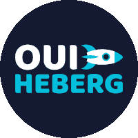 a logo for oui herberg with a blue rocket