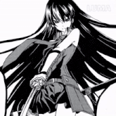 a black and white drawing of a girl with long hair holding a sword with the word luma above her