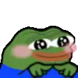 a pixel art of a green frog with a blue shirt on and a pink nose .