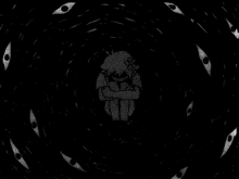 a black and white drawing of a person surrounded by eyes in the dark