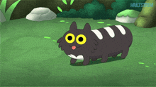 a cartoon cat with yellow eyes and white stripes is walking on a grassy field with the words multistorm below it