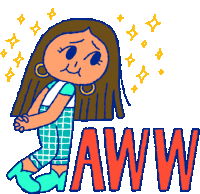 a cartoon of a girl kneeling down with the word aww behind her